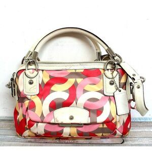 COACH MULTI SIGNATURE SATIN WHITE PATENT LEATHER SATCHEL SHOULDER BAG HANDBAG